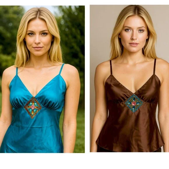 YOU GET BOTH - New NWT Jewel Tone Sequin Silky Cami Tank - Y2K 90s 2000s Retro - Picture 9 of 13